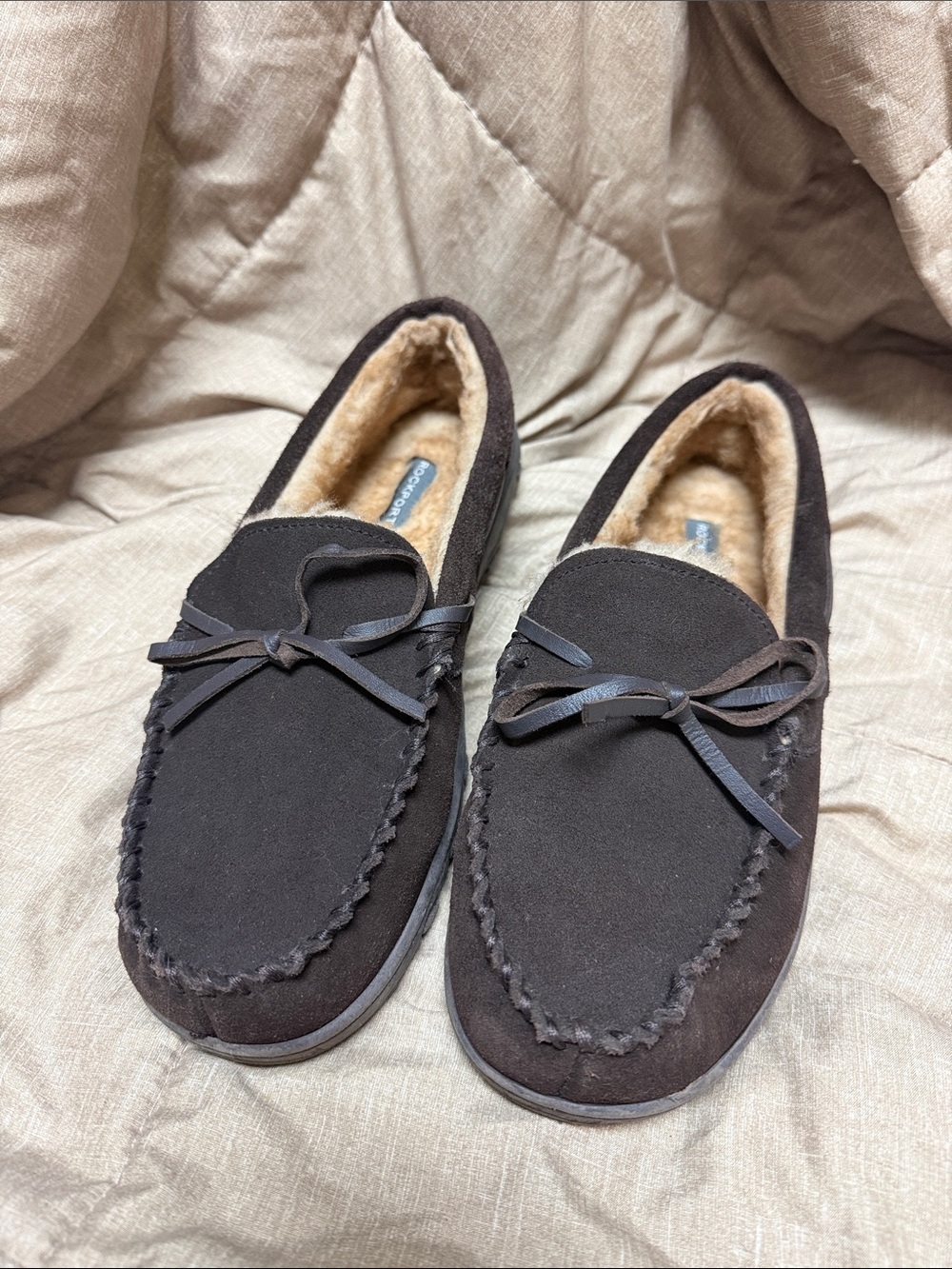 Rockport Dark Brown Suede Moccasin Slippers w/ Faux Shearling Lining 10 Like New